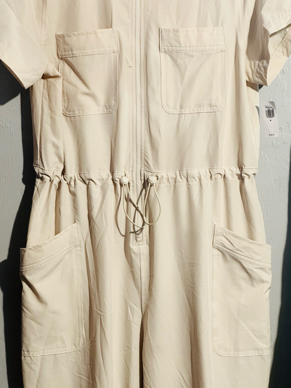 NWT Old Navy Stretch Tech Cream Shirt Sleeved Utility Zip-Front Jumpsuit, Medium